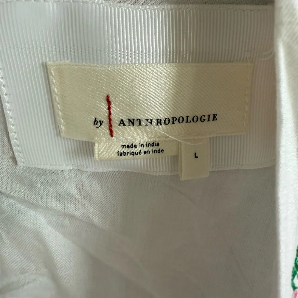 Anthropologie Deep V White Cotton Dress with Colorful Floral Embroidery • L - Picture 15 of 17